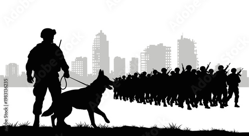 Soldier with military dog patrols destroyed city skyline silhouette