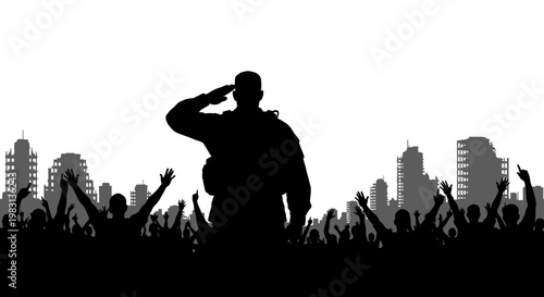 Soldier Saluting Crowd Silhouette Against Cityscape Background