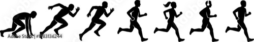 Running Evolution and Athlete Sprinting Silhouettes Set for Fitness and Sport
