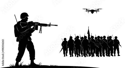 Soldier with rifle and drone surveilling marching troops, military technology concept
