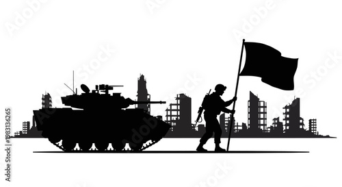 Soldier with Tank and Flag in Ruined City Silhouette