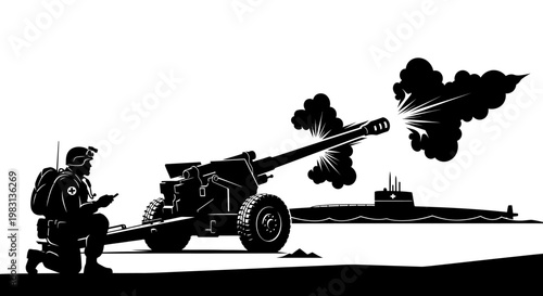 Soldier targets submarine with artillery, military operation, modern warfare concept