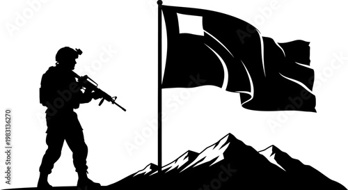 Soldier Standing Guard on Mountain Peak with Waving Flag