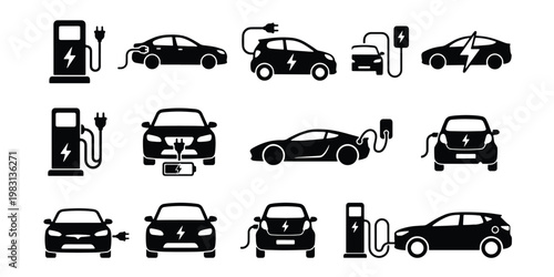 Electric vehicle charging icons set, black silhouette EV car collection, sustainable transport symbols for green energy and automotive technology