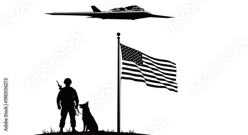 Soldier, Dog, American Flag, and Stealth Bomber Silhouette - Patriotism and Military Power
