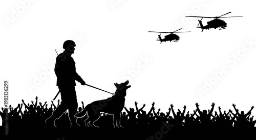 Soldier with Dog and Helicopters Silhouette Over Crowd
