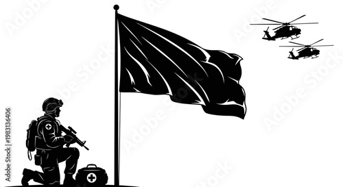 Soldier with rifle and medical kit kneels by flag, helicopters fly by, military concept