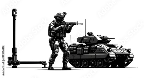 Soldier with Rifle and Armored Vehicle, Military Equipment, Combat Scene