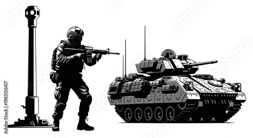 Soldier with rifle and military vehicle, tactical operation, army, defense, combat