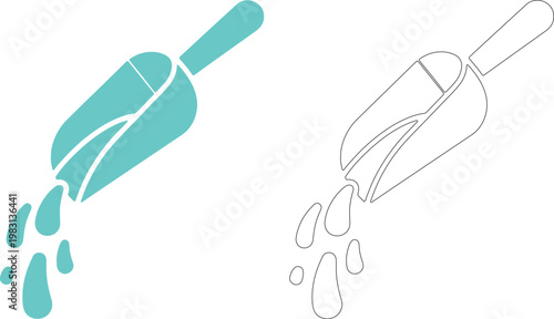 Teal scoop pouring liquid drops outline