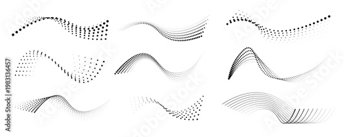 Set of dotted halftone waves png vector modern illustration on white background. Liquid gradient dots form smooth curve wave shape, dotted line. Soft abstract motion design style.