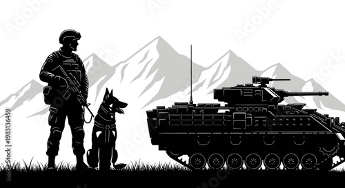Soldier, Military Dog, and Armored Vehicle Silhouette with Mountains Background