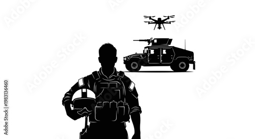 Soldier with VR headset, drone, and military vehicle, futuristic warfare concept