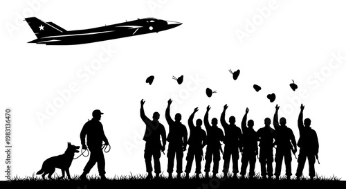 Soldiers and Dog Salute Jet Flyover, Silhouette of Military Personnel and K9 Unit Honoring Aircraft