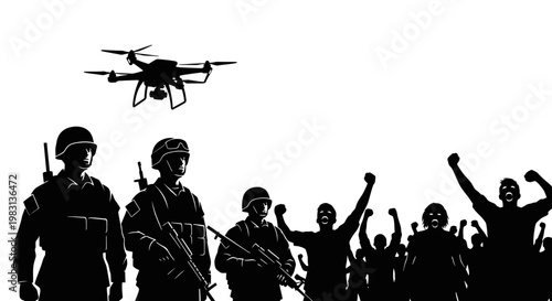 Soldiers and Drone Over Crowd of Protesters with Raised Fists