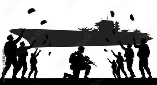 Soldiers Celebrate Homecoming with Aircraft Carrier Silhouette and Falling Confetti