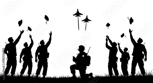 Soldiers Celebrate Victory Throwing Hats in Air with Jets Flying Overhead