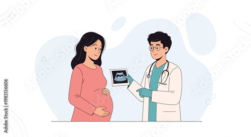 Doctor shows ultrasound scan to pregnant woman, healthcare, pregnancy, medical checkup concept