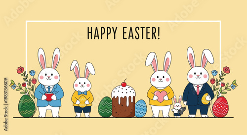 Four stylish bunnies celebrating easter with festive treats and decorations