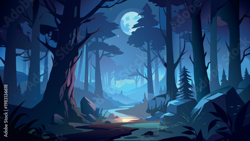 Mysterious Moonlit Forest Path with Silhouette Trees in Flat Vector Style