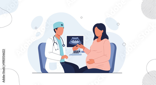 Doctor shows ultrasound scan to pregnant woman, medical checkup, pregnancy care