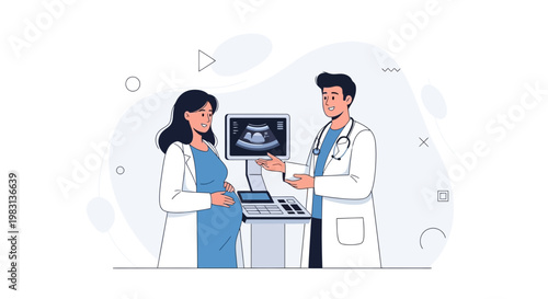 Doctor shows ultrasound scan to pregnant woman, medical checkup, healthcare concept