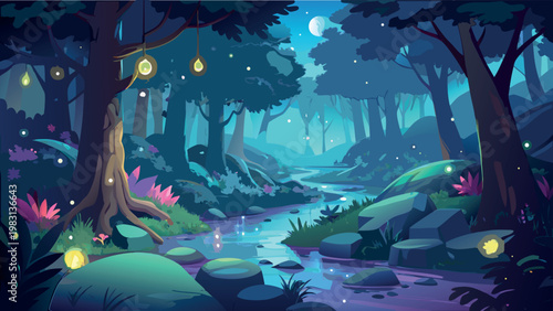 Mysterious Moonlit Forest Path with Silhouette Trees in Flat Vector Style
