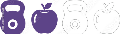 Two purple kettlebell and apple next to two outline kettlebell and apple