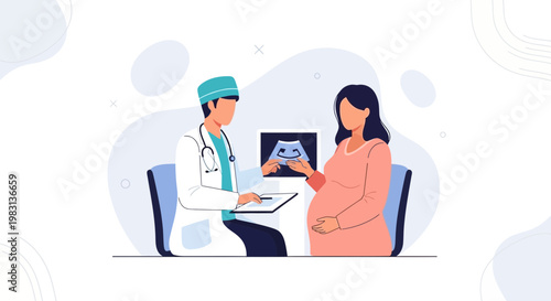 Doctor shows ultrasound scan to pregnant woman, medical consultation, healthcare concept