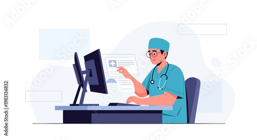 Doctor using computer for medical records and patient care in modern clinic