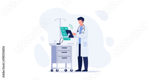 Doctor using digital tablet with medical monitor and EKG graph