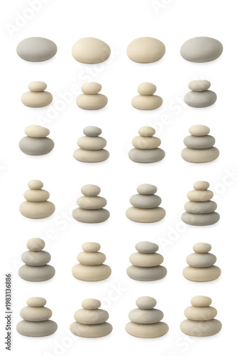 A serene collection of smooth Zen pebbles arranged in various stacks and individual placements, isolated on a pure white background. The stones feature soft neutral tones of beige and grey, symbolizin