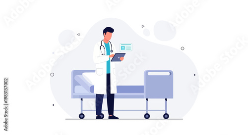 Doctor using tablet near hospital bed, medical technology and healthcare concept