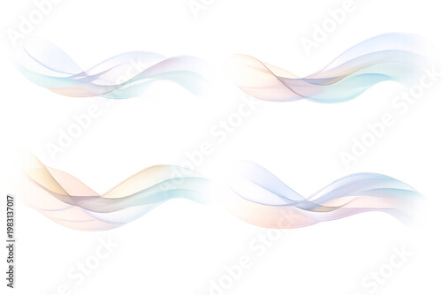 A collection of ethereal, translucent smoke waves featuring soft pastel gradients. These delicate, flowing veils blend shades of light blue, peach, and lavender with a misty, semi-transparent texture.