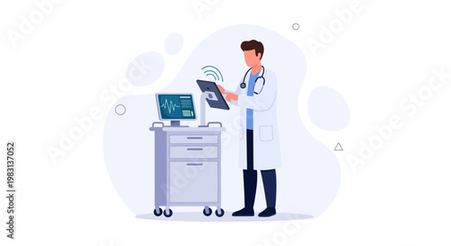 Doctor using tablet with medical equipment and vital signs monitor