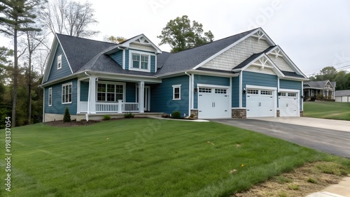 New construction blue house with white trim and double garage modern suburban home exterior real estate photography