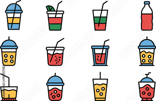 Collection of refreshing drink icons featuring bubble tea soda smoothies and cocktails with straws for cafe menu and summer beverage design concept vector illustration
