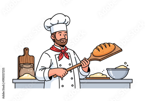 Cartoon baker in white uniform holding a loaf of bread on a wooden peel