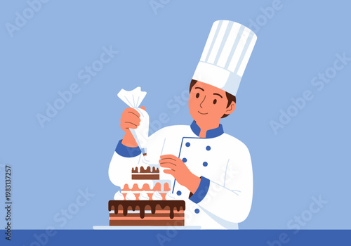 Cartoon chef decorates a multilayered chocolate cake with white frosting