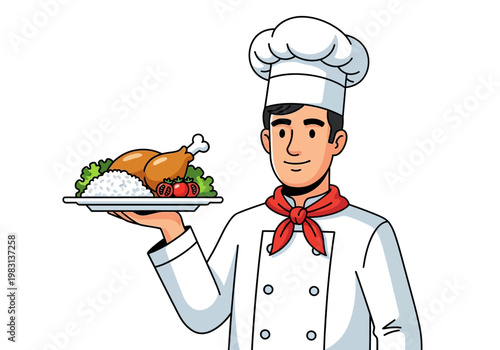 Cartoon chef in white uniform holding a platter with roast chicken rice and tomatoes