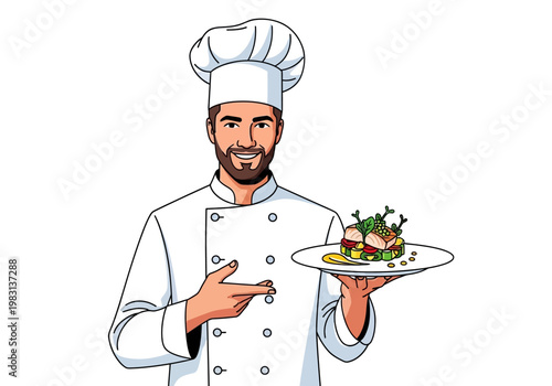 Cartoon chef in white uniform presenting a plated gourmet dish