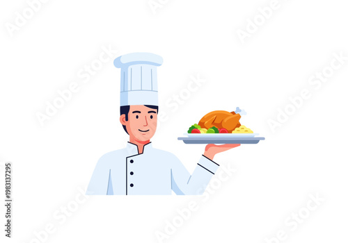 Cartoon chef in white uniform holding a platter with roasted chicken