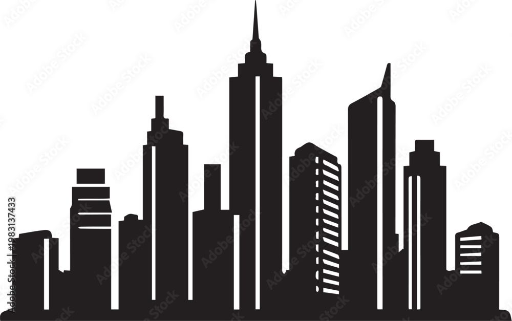 Obraz premium Black City Skyline Silhouette Vector Icon – Modern Skyscraper Urban Landscape, Isolated on Transparent Background