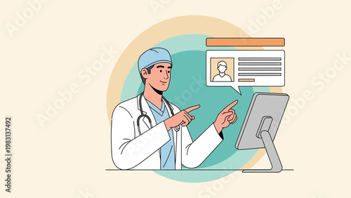 Doctor using computer for telemedicine consultation, pointing at screen with patient profile