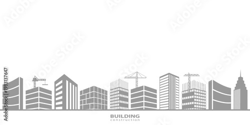 Construction working industry concept in gray. Building construction footer horizontal and text space.  Silhouette of buildings and building cranes. Stock vector for your web site design, app, UI. EPS