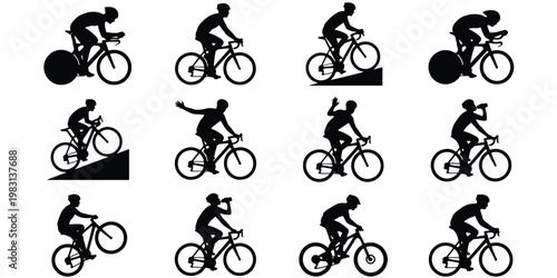 Professional cyclist silhouette set, 12 road bike rider icons, mountain biking and racing bicycle silhouettes, athletic cycling competition graphics
