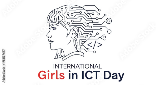Illustration of a woman's profile integrated with digital circuitry for ICT Day