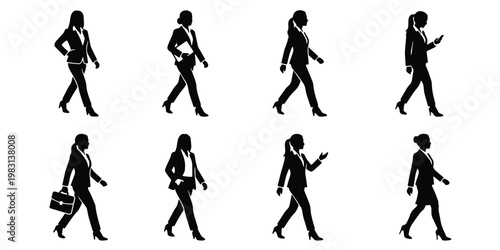 Businesswoman walking silhouette set, professional female office worker in suit walking poses, black vector silhouettes of women in motion