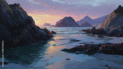 A serene coastal scene at sunset with rugged cliffs and rocky shores extending into the calm ocean waters.