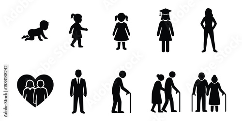 Human life cycle silhouette icons, aging process from baby to elderly people, set of 10 black vector symbols for growth and development stages
